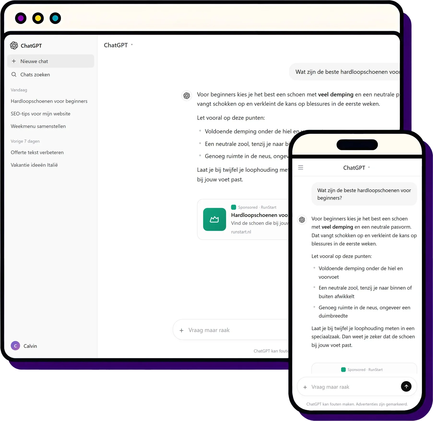 OpenAI Ads: adverteren in ChatGPT, voorbeeld van een gesponsorde advertentie in een ChatGPT-antwoord op desktop en mobiel