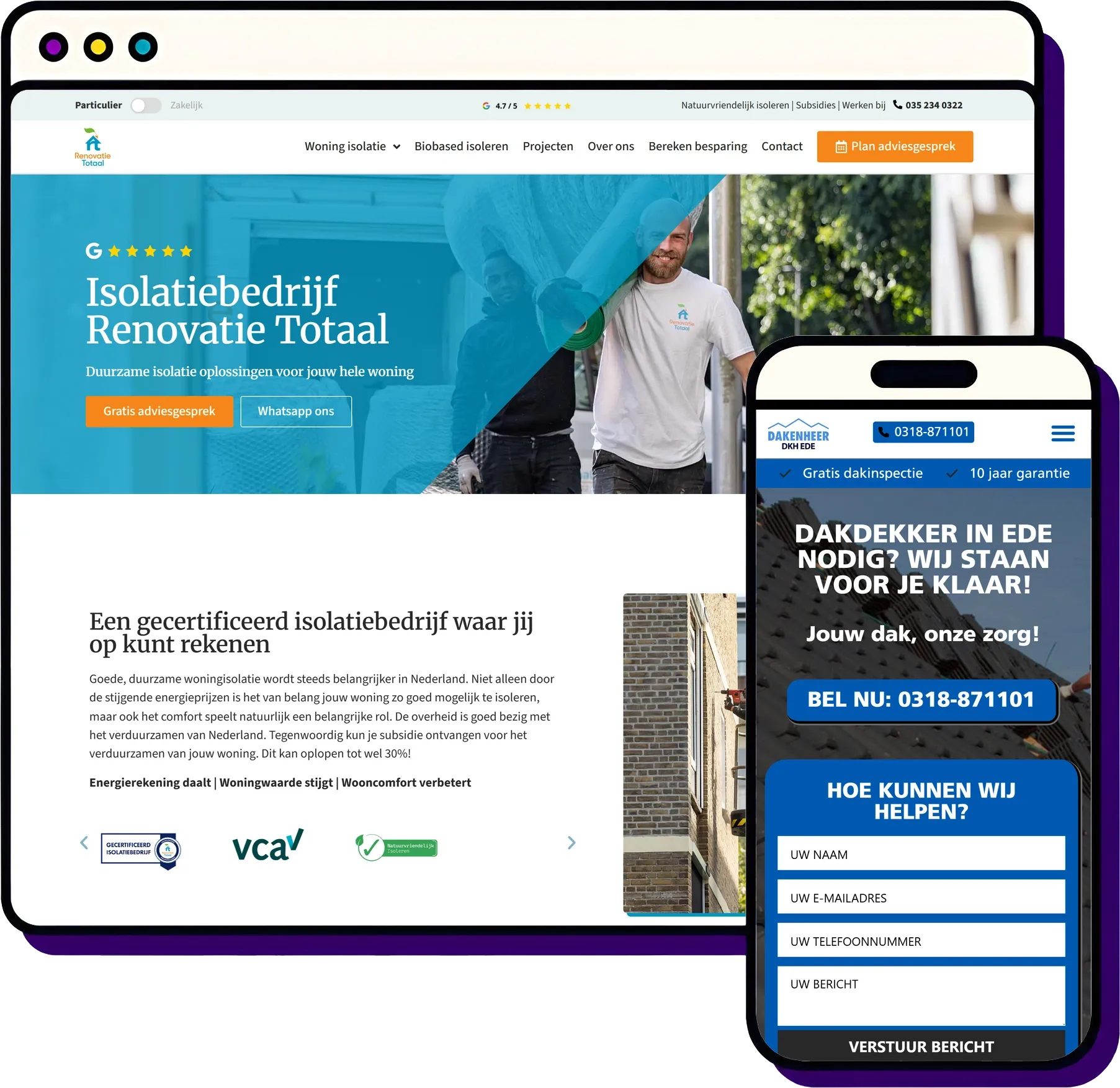 Paid media campagnes door Froseo: Renovatie Totaal op desktop, Dakdekkersbedrijf DKH Ede op mobiel