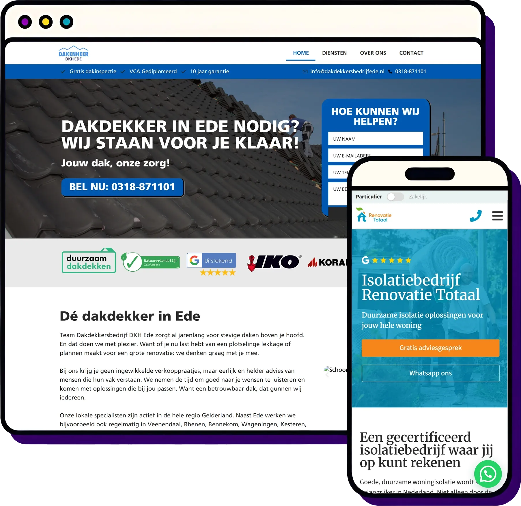 SEO door Froseo: Dakdekkersbedrijf DKH Ede op desktop, Renovatie Totaal op mobiel