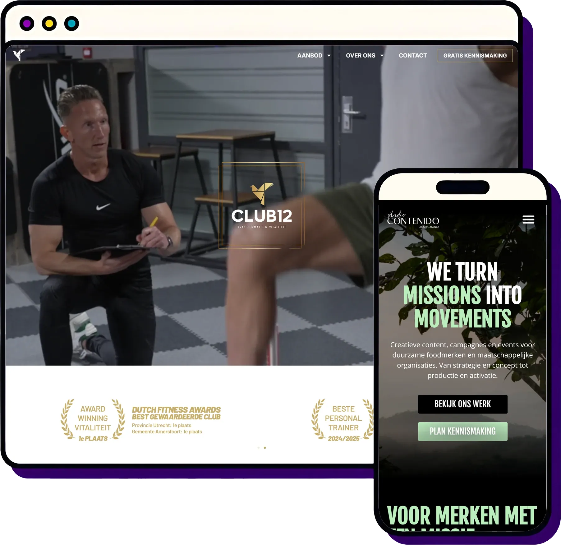 Webdesign Amersfoort door Froseo: Club12 op desktop, Studio Contenido op mobiel