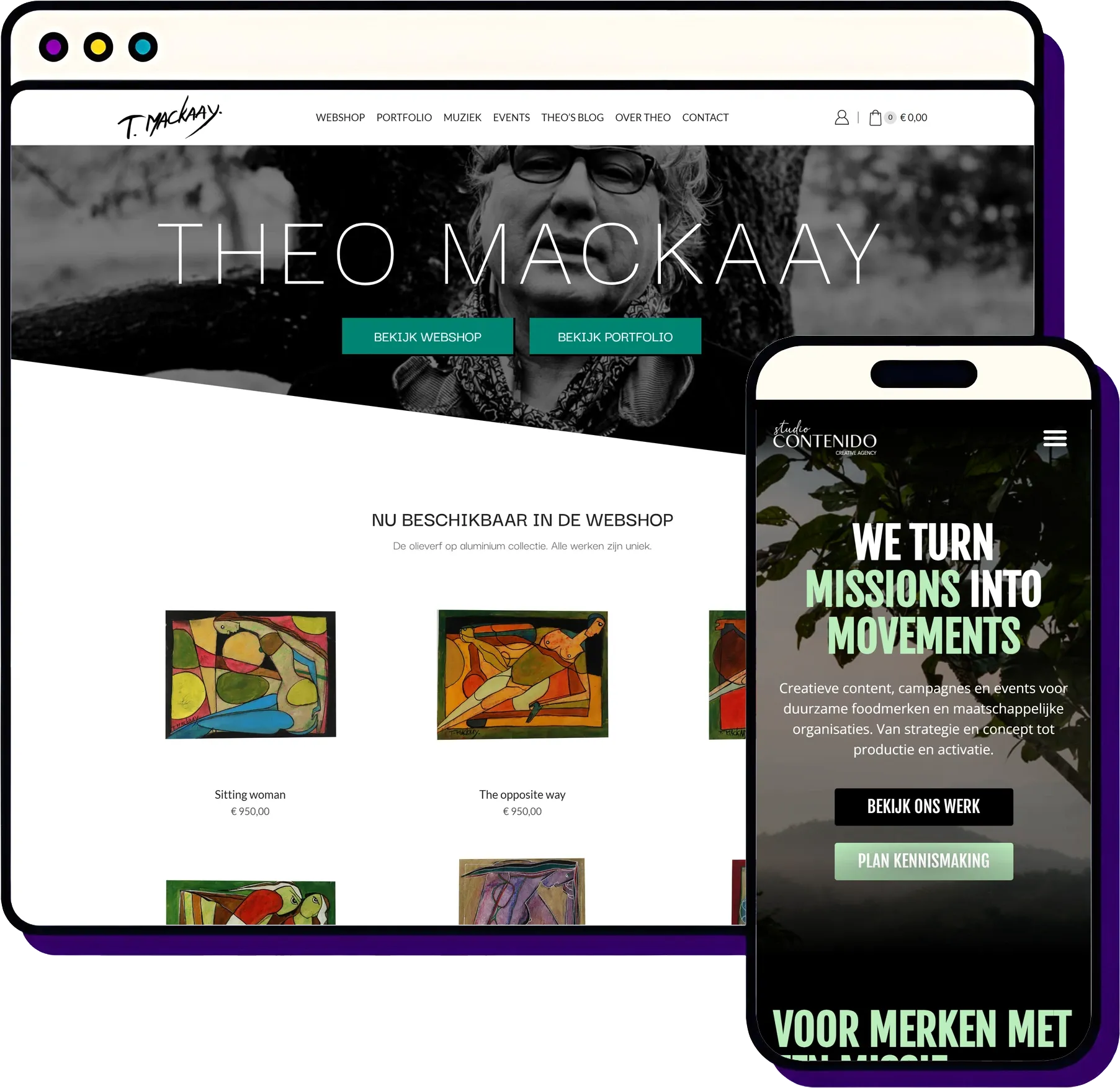 Website laten maken in Utrecht door Froseo: Theo Mackaay op desktop, Studio Contenido op mobiel