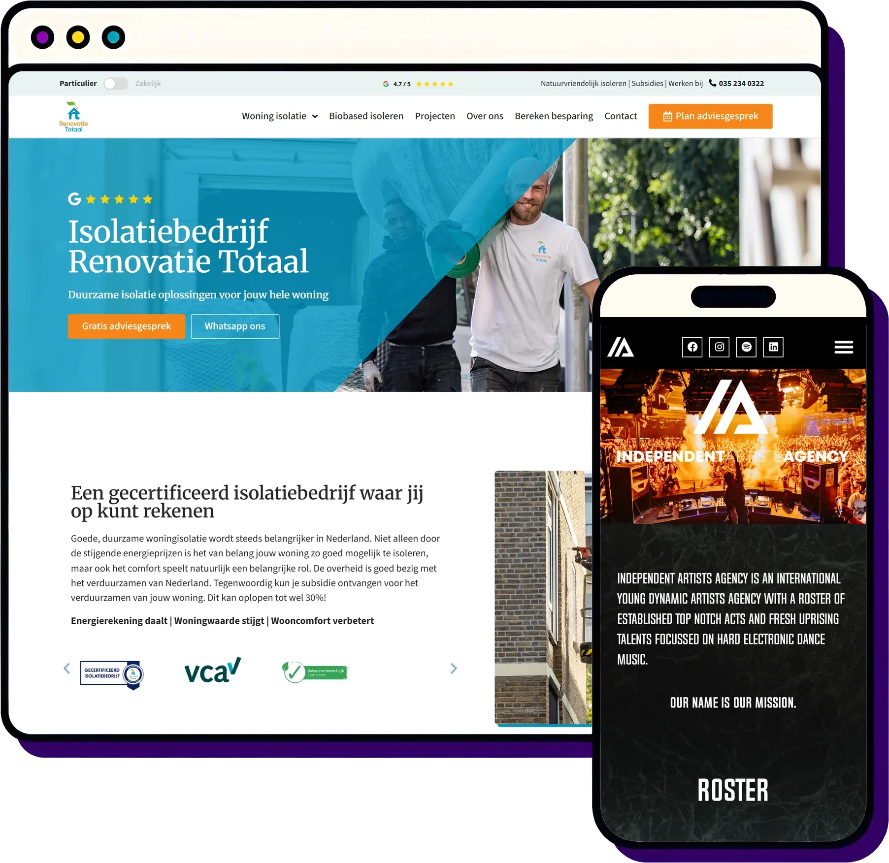 Website optimalisatie Utrecht door Froseo: Renovatie Totaal op desktop, Independent Artists Agency op mobiel